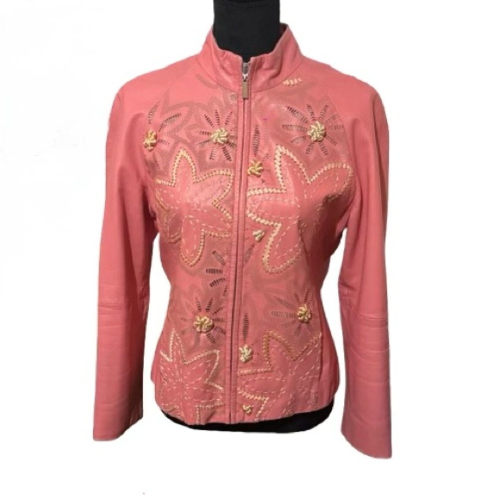 Siena Studio Vintage Barbie  Pink Leather Moto Jacket floral embroidery 
size 6W